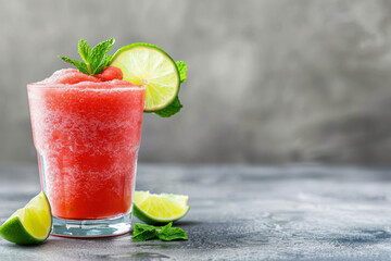 Glass of watermelon slush garnished with mint and lime slices on a gray background with copy space.