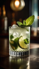 Glass of mojito cocktail decorated with lime at bar counter, blurred moody dark background, selective focus