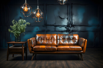 Vintage leather sofa in elegant interior