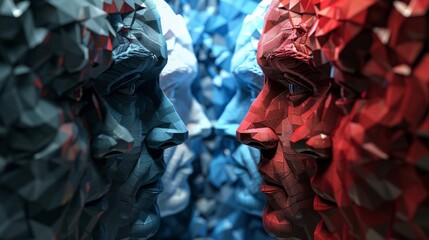 Divided voters with two American political groups and United States culture war between conservative society or liberal idea as an election debate or US voter divisions with 3D illustration elements. - obrazy, fototapety, plakaty