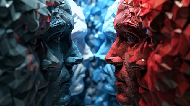 Divided voters with two American political groups and United States culture war between conservative society or liberal idea as an election debate or US voter divisions with 3D illustration elements.