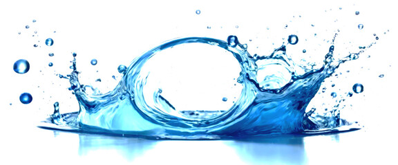 Fototapeta premium Splashes and drops of blue water isolated on a white background. Panorama.