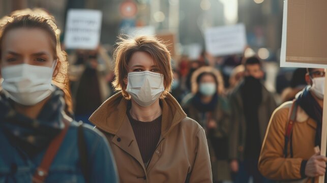 group of people with mask came out with posters to protest The population against coronavirus and against the introduction of quarantine Meeting about coronavirus and people right.