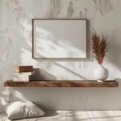 a natural dark wooden shelf carrys an empty horizontal wall frame for mockup