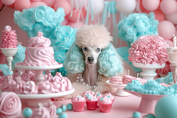 A poodle in the style of the Marquis and royal aristocracy of the 18th century, is surrounded by an abundance of Rococo-style pastries, in pink and blue hues.
