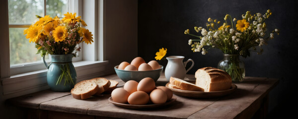 Easter preparations. Easter eggs, easter bread, butter, green branches and yellow spring flowers on rustic wooden table near window. Traditional Easter Food. Wide banner - obrazy, fototapety, plakaty