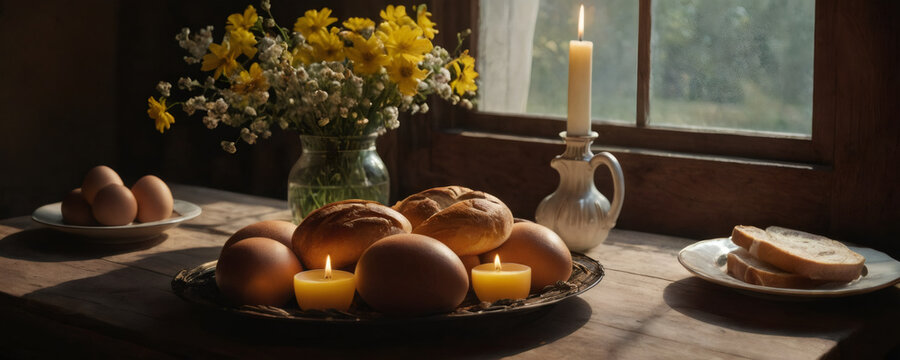 Easter preparations. Easter eggs, easter bread, butter, burning candle, green branches and yellow spring flowers on rustic wooden table near window. Traditional Easter Food. Wide banner