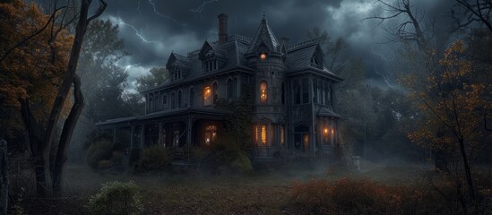Eerie abandoned house in spooky forest during storm with dramatic lightning - obrazy, fototapety, plakaty