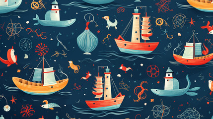 Blue and white wallpaper with boats. Generative AI