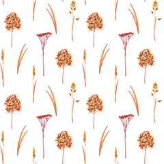 Seamless pattern with dried hydrangea, meadow leaves and wild dry grass. Vintage wallpaper in boho...