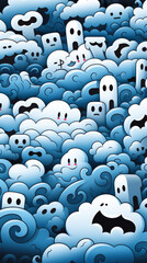 Seamless Pattern of Cartoon Ghosts and Clouds

