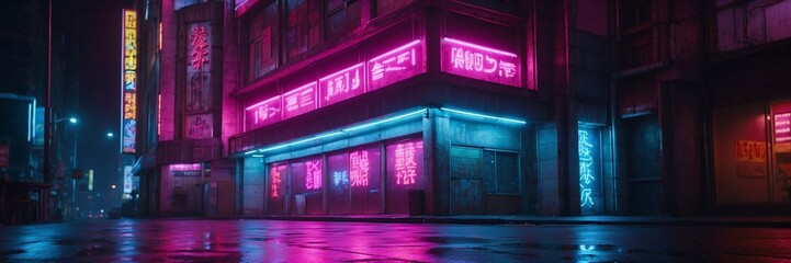 3D Rendering of billboards and advertisement signs at modern buildings in capital city with light reflection from puddles on street. Concept for night life, never sleep business district center (CBD) - obrazy, fototapety, plakaty