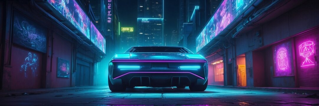Shiny futuristic sports car on a blurred cyberpunk city street background with bright neon lights. Bokeh effect. Future concept.