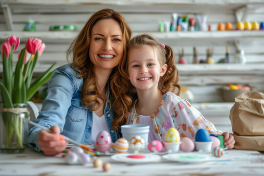 Smiling girl with her beautiful mother coloring Easter eggs in the kitchen