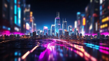 3D Rendering of billboards and advertisement signs at modern buildings in capital city with light reflection from puddles on street. Concept for night life, never sleep business district center (CBD) - obrazy, fototapety, plakaty