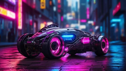 Schilderijen op glas Shiny futuristic sports car on a blurred cyberpunk city street background with bright neon lights. Bokeh effect. Future concept. © Sba3