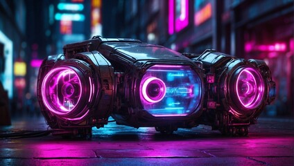 Shiny futuristic sports car on a blurred cyberpunk city street background with bright neon lights. Bokeh effect. Future concept. - obrazy, fototapety, plakaty