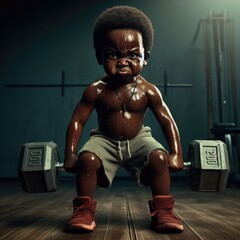 Tiny Titan: Hilarious Gym Antics as a Little Dynamo Lifts a 100-Pound Dumbbell with Angry Determination - obrazy, fototapety, plakaty