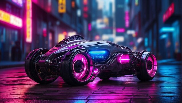 Fototapeta Shiny futuristic sports car on a blurred cyberpunk city street background with bright neon lights. Bokeh effect. Future concept.