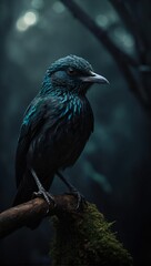 Fototapeta premium Dark blue bird in the dark forest 