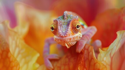 Close-up photo of a baby chameleon perched on a vibrant flower