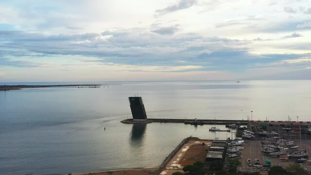 Torre VTS de Lisboa - VTS Vessel Traffic System tower Centre for Coordination and Control of Maritime Traffic and Safety of Lisbon. Aerial view Evening time