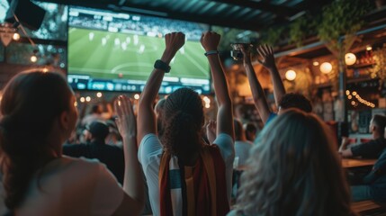 A crowd gathers around a large display device to share the excitement of a football game, building an entertaining event filled with fun and leisure. AIG41
