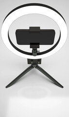 Ring lamp with mobile phone holder for making social videos, mockup for inserting personalized image, isolated, 3d rendering