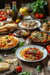 Fototapeta premium Traditional Italian dishes on the wooden table, pasta with tomatoes and variety of food.