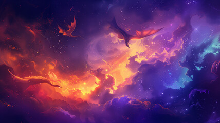 A fantasy concept illustration, abstract shapes transforming into a celestial scene with dragons and phoenixes amidst starry skies. - obrazy, fototapety, plakaty