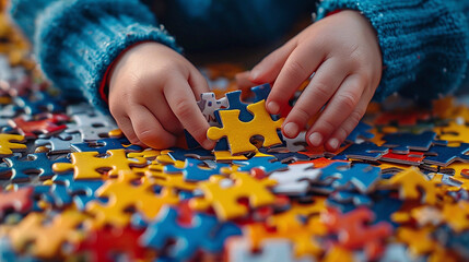 A little kid playing with colorful jigsaw pieces. International autism awareness day.