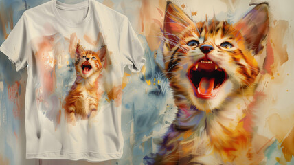 A joyful cat in mid-laugh, depicted in a unique watercolor and oil paint combination on a t-shirt.