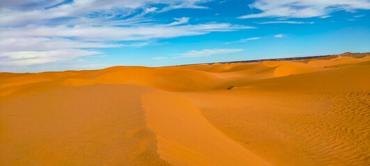 Fototapeta na wymiar A sweeping panorama captures the vast expanse of golden sand dunes stretching as far as the eye can see, forming an arid desert under a partly cloudy blue sky in Timimoun, Algeria.