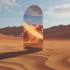 mirror sculptures in the desert, geometric shapes	