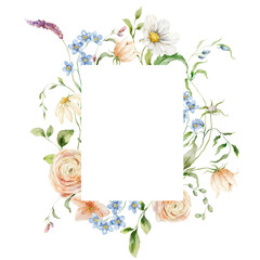 Watercolor frame of bouquet with ranunculus, chamomile and leaves. Hand painted card of floral elements isolated on white background. Holiday flowers Illustration for design, print or background. - 740978114