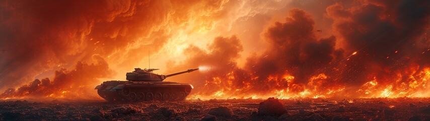 Tank at war. Tank on fire during battle - obrazy, fototapety, plakaty
