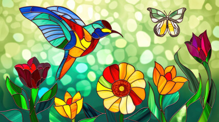 Stained glass background with spring flowers butterfly and bird decoration as wallpaper illustration
