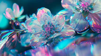 This image depicts flowers with a stunning iridescent quality, featuring a spectrum of neon blues, pinks, and teal hues that create a dreamlike and dynamic visual effect. The flowers appear luminescen