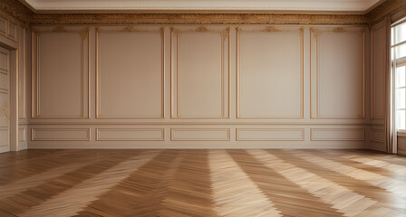 Fragment of an interior made of classic beige panels. Beige wall background in an empty room with brown parquet floor. 