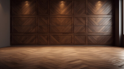 Fragment of an interior made of classic brown panels. Brown wall background with copy space in an...