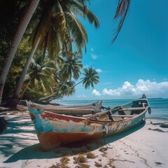 Fototapeta na wymiar The image captures an old, painted wooden boat with signs of wear and chipping paint, beached on pristine white sand underneath the shade of lush, green palm trees. The azure sky is filled with wispy 