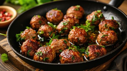 A close-up image showcases succulent, well-browned meatballs sprinkled with chopped parsley and other fresh herbs in a black frying pan, suggesting a freshly cooked, savory meal set against a wooden t