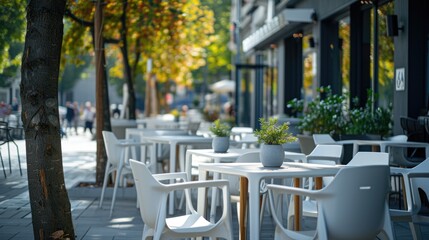 The image captures a tranquil outdoor cafe set against a bustling street with trees exhibiting early autumn colors. White chairs and wooden tables are neatly arranged on the sidewalk, providing a welc - obrazy, fototapety, plakaty