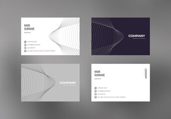 Premium business card template with colored blue and gray background and geometric lines, icons for contact information