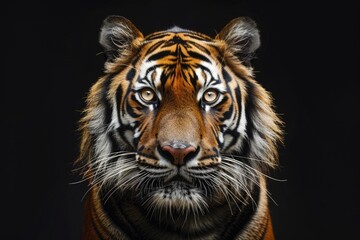 Front view of Sumatran tiger isolated on black background. Portrait of Sumatran tiger (Panthera tigris sumatrae) - obrazy, fototapety, plakaty