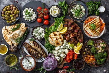 Greek food background. Meze, gyros, souvlaki, fish, pita, greek salad, tzatziki, assortment of feta, olives and vegetables. Traditional different greek dishes set.