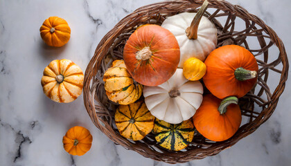 large pumpkins and pumpkins piled up in a basket on white marble top view