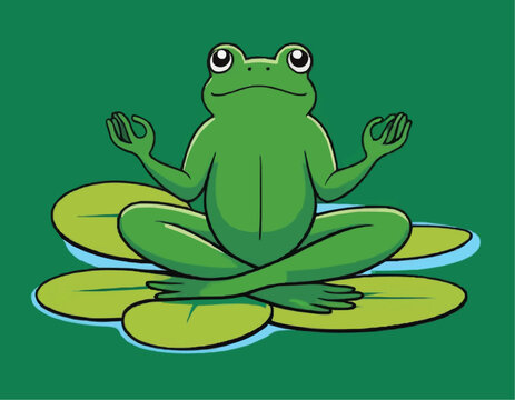 Frog's yoga meditation on a green water lily leaf
