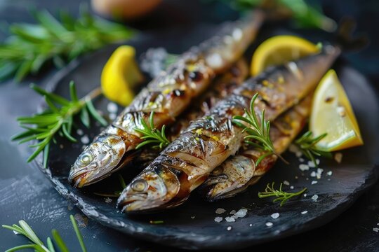 Grilled sardine fish served with with rosemary and lemon
