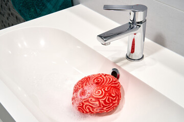 Foam-Filled Brain under a Sink Faucet, Brainwashing Concept.